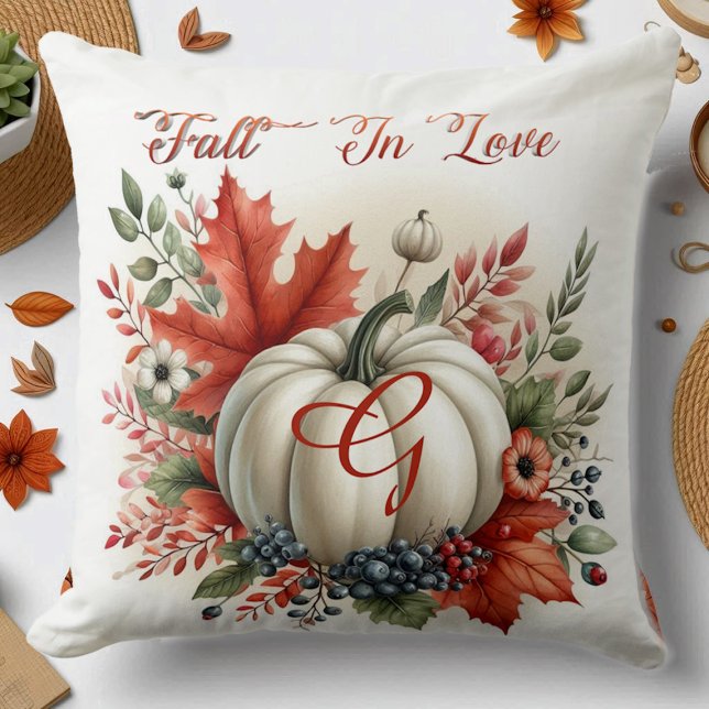 Fall In Love Pumpkin Monogram Autumn Leaves Rustic Cushion (Fall In Love Pumpkin Monogram Autumn Leaves Rustic Throw Pillow)