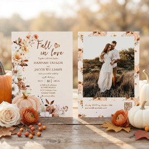 Fall in Love Pumpkin Photo QR Code Wedding Invitation