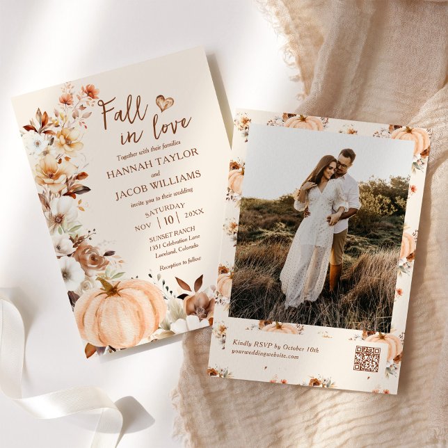 Fall in Love Pumpkin Photo QR Code Wedding Invitation (Creator Uploaded)
