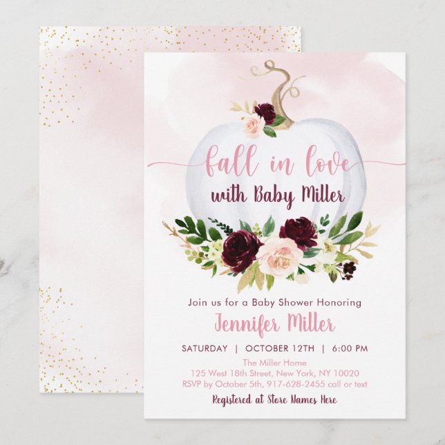 Fall In Love Pumpkin Pink Burgundy Baby Shower Invitation (Front/Back)