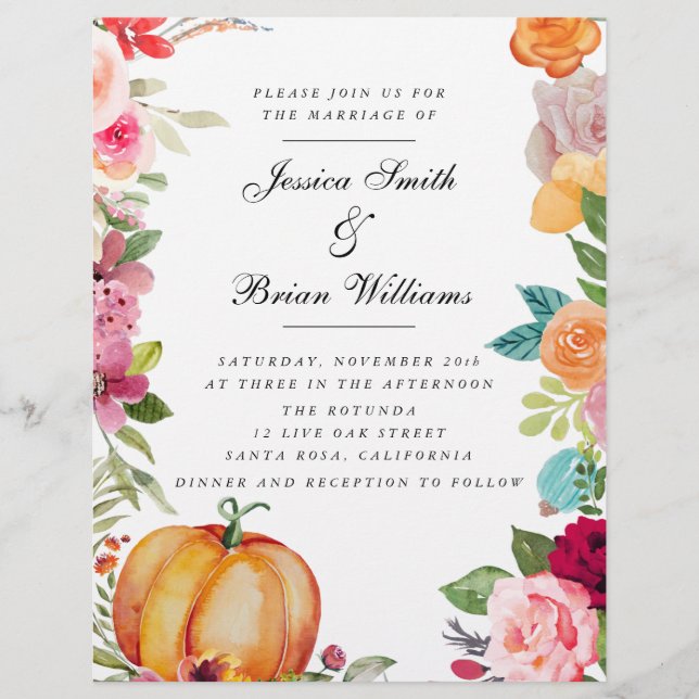 Fall In Love Pumpkin Pink Fall Florals Wedding Flyer (Front)