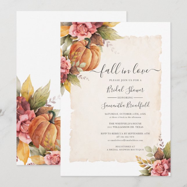 Fall in Love Pumpkin Pink Floral Bridal Shower Invitation (Front/Back)