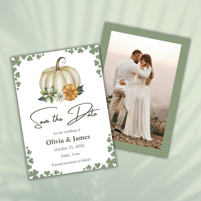 Fall in Love Pumpkin Sage Green Photo Wedding   Save The Date (Fall in Love Pumpkin Greenery Sage Green Photo Wedding Save The Date Card )