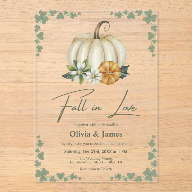 Fall in Love Pumpkin Sage Green Wedding Acrylic Invitations (Front)