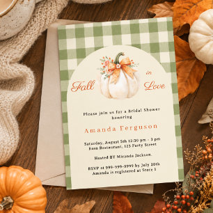 Fall in love pumpkin sage plaid Bridal Shower Invitation