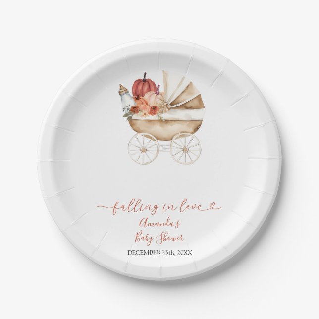 Fall In Love Pumpkin Stroller Floral Baby Shower Paper Plate (Front)