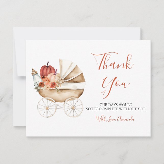 Fall In Love Pumpkin Stroller Floral Baby Shower Thank You Card (Front)