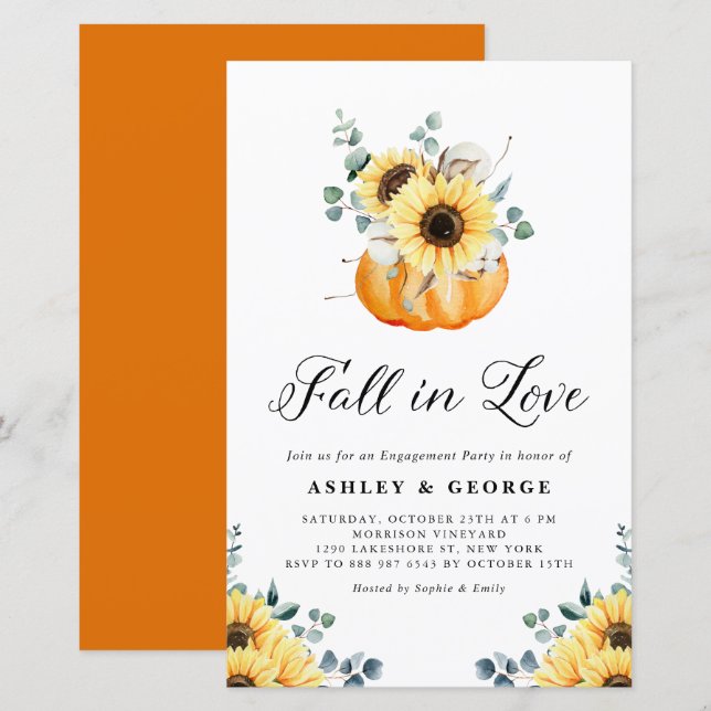 Fall In Love Pumpkin Sunflower Engagement Invite (Front/Back)