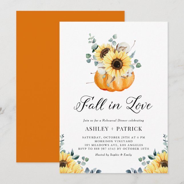 Fall In Love Pumpkin & Sunflower Rehearsal Dinner Invitation (Front/Back)
