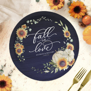 Fall in Love Pumpkin Sunflower Wedding Paper Plate