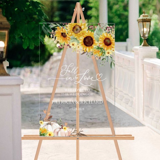 Fall in Love Pumpkin Sunflower Wedding Welcome Acrylic Sign (Creator Uploaded)