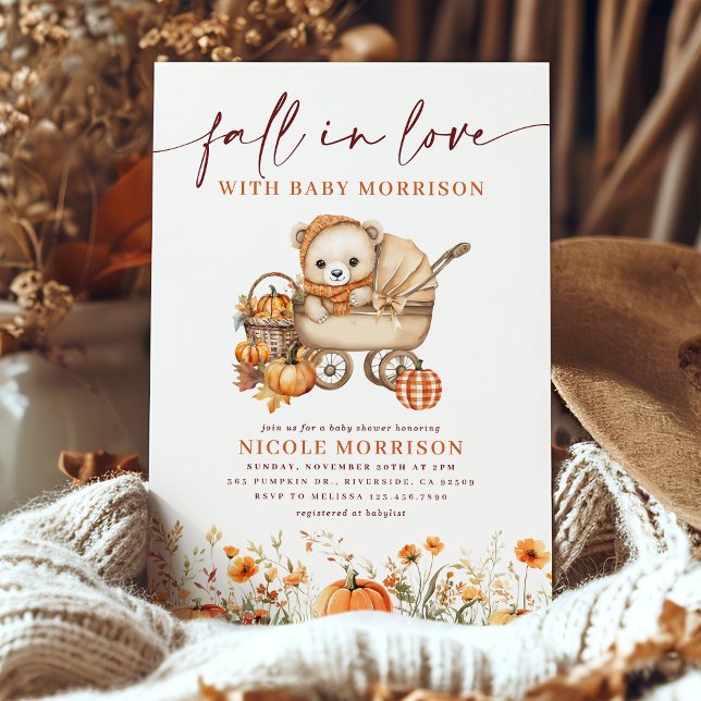 Fall in Love Pumpkin Teddy Bear Floral Baby Shower Invitation (Creator Uploaded)