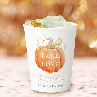 Fall in love pumpkin watercolor art wedding paper cups