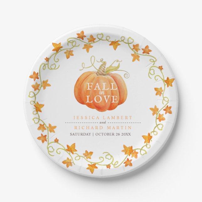Fall in love pumpkin watercolor art wedding  paper plate (Front)