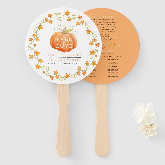Fall in love pumpkin watercolor wedding program hand fan (Front and Back)