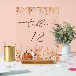 Fall in Love Pumpkin Wedding Table Number Acrylic Sign