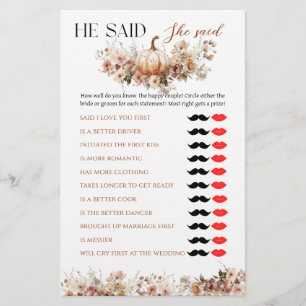 Fall in love Pumpkin Wildflower Bridal Shower Game