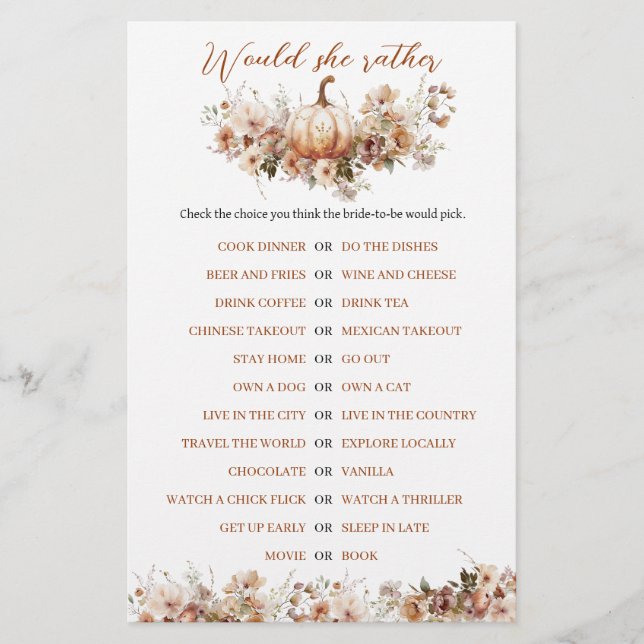 Fall in love Pumpkin Wildflower Bridal Shower Game (Front)