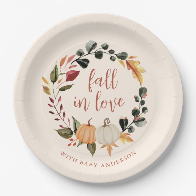 Fall in Love Pumpkin Wreath Baby Shower Paper Plate (Front)