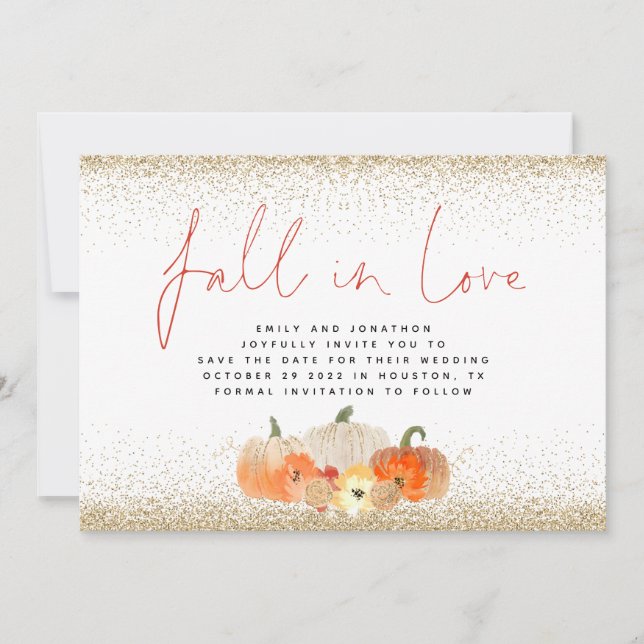 Fall in Love Pumpkins Gold Glitter QR Code Wedding Save The Date (Front)