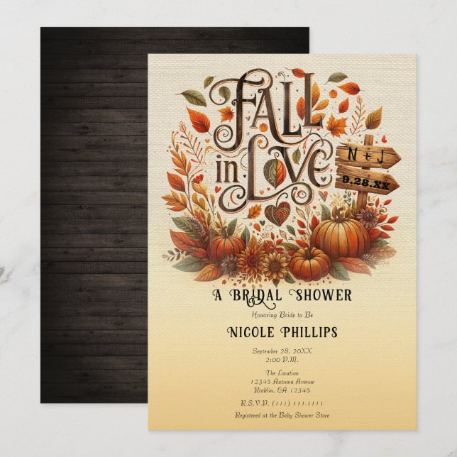 Fall in Love Pumpkins & Leaves Bridal Shower  Invitation (Front/Back)