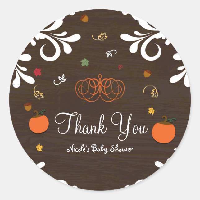 Fall in Love Pumpkins Leaves & Wood Baby Shower Classic Round Sticker (Front)