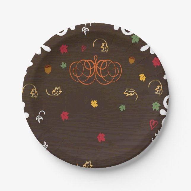 Fall in Love Pumpkins Leaves & Wood Baby Shower Paper Plate (Front)