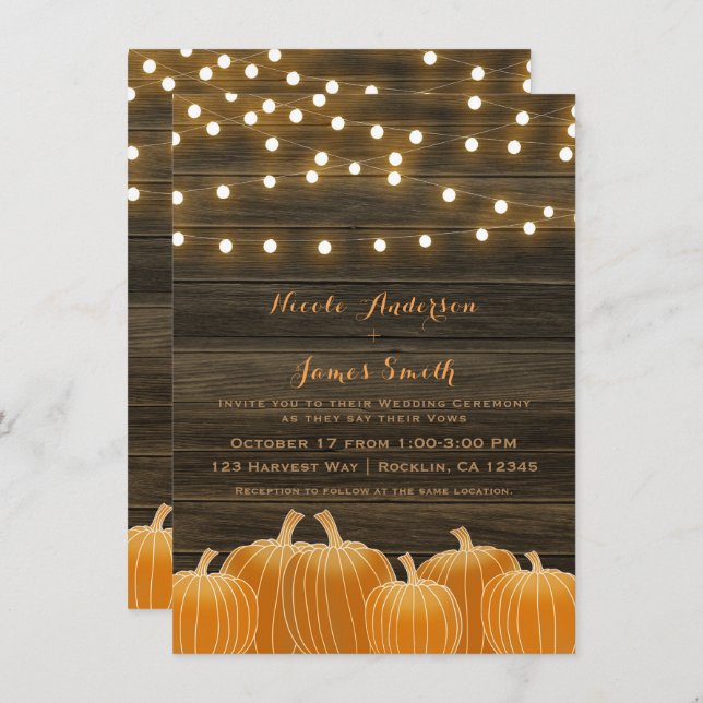 Fall in Love Pumpkins Lights Rustic Wedding Invitation (Front/Back)