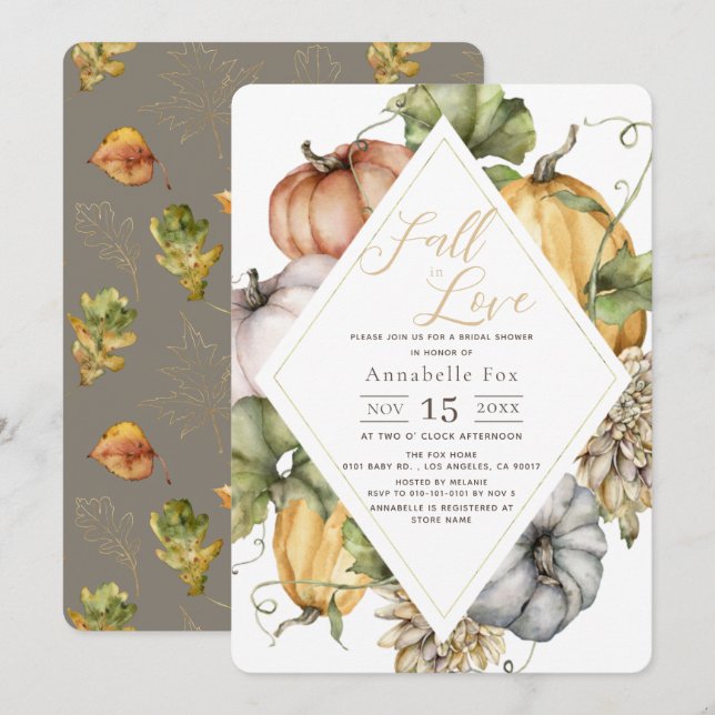 Fall in Love Pumpkins Rhombus Bridal Shower Invitation (Front/Back)