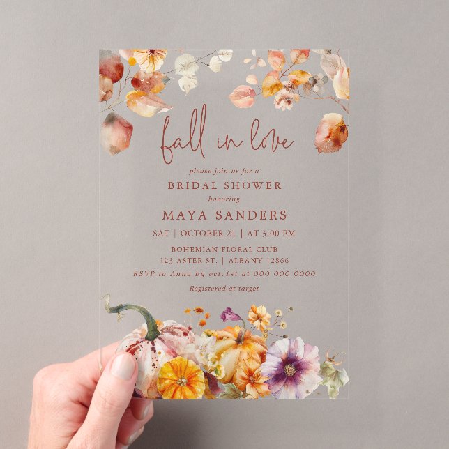 Fall in Love Pumpkins Romantic Bridal Shower Acrylic Invitations (Insitu (Handheld))