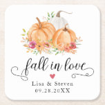 Fall In Love Pumpkins Wedding Square Paper Coaster<br><div class="desc">"Fall in love" pumpkin coasters perfect for autumn-themed weddings or showers!</div>