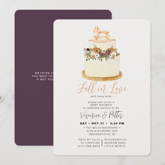 Fall in Love Purple Autumn Cake Baby Shower Invitation (Front/Back)