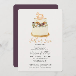 Fall in Love Purple Autumn Cake Baby Shower Invitation