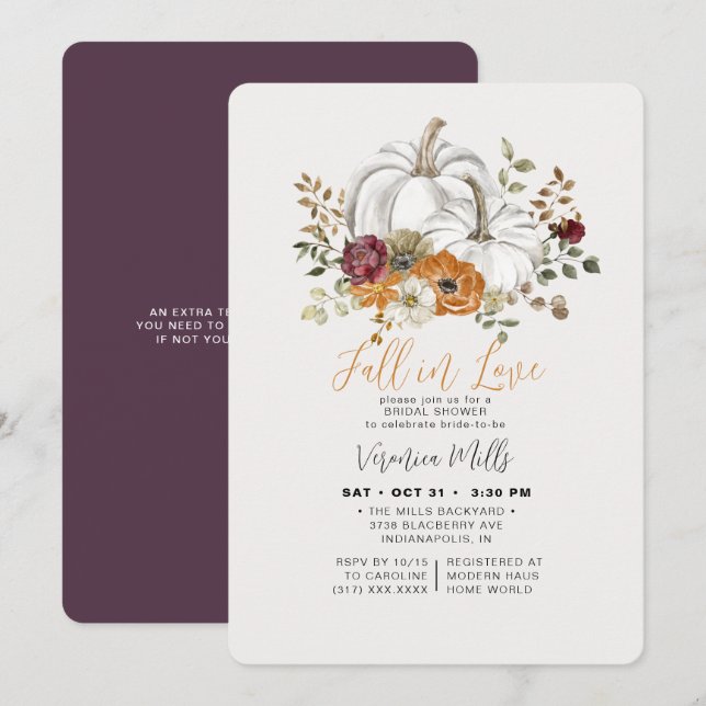 Fall in Love Purple Autumn Pumpkin Bridal Shower Invitation (Front/Back)