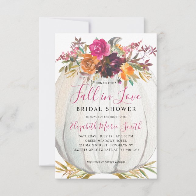 Fall in Love Purple Floral Pumpkin Bridal Shower Card (Front)