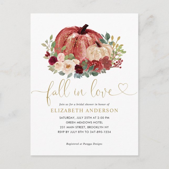 Fall in Love Red Pink Floral Pumpkin Bridal Shower Postcard (Front)