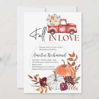 Fall in Love Red Pumpkin Pickup Truck Baby Shower Invitation