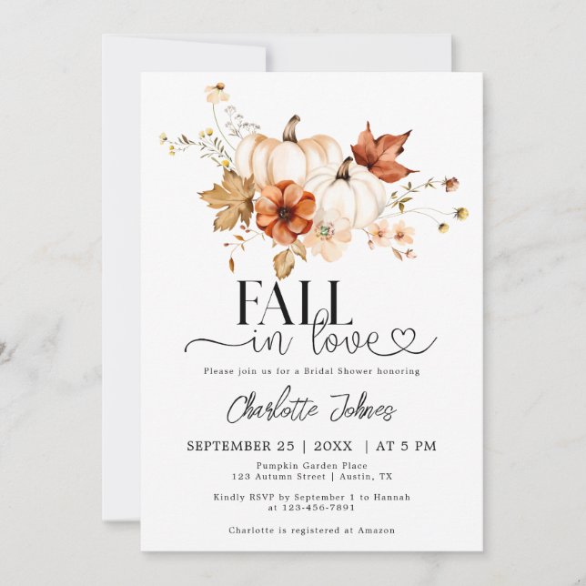 Fall In Love Rust Cream Pumpkin Bridal Shower Invitation (Front)