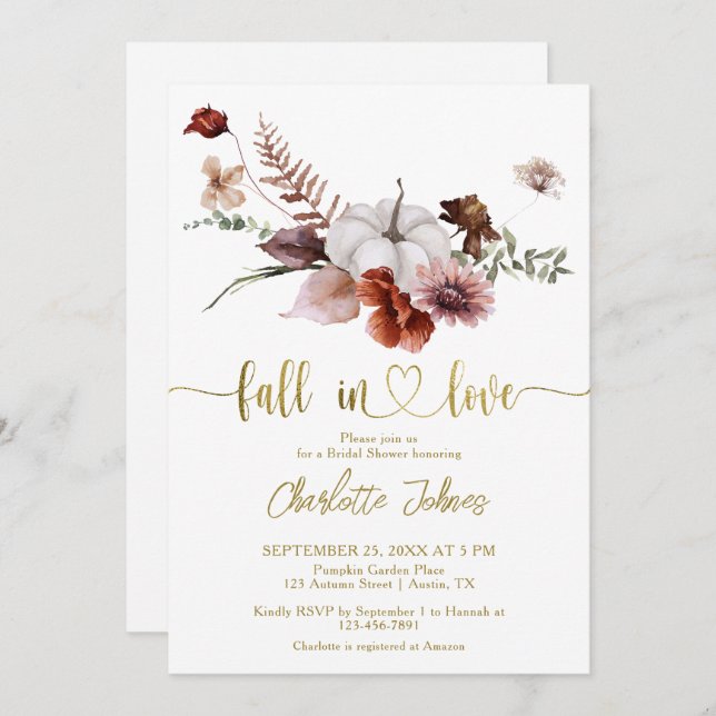 Fall in Love Rust Floral Pumpkin Bridal Shower Invitation (Front/Back)