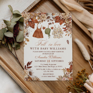 Fall in Love Rustic Autumn Baby Clothesline Invitation
