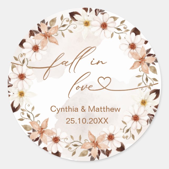 Fall in Love Rustic Autumn Floral  Classic Round Sticker (Front)