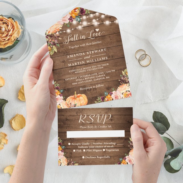Fall in Love Rustic Autumn Floral Pumpkin Wedding All In One Invitation (Creator Uploaded)