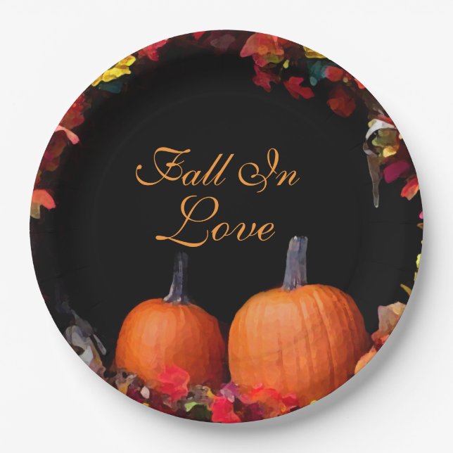 Fall In Love Rustic Autumn Wedding Orange Pumpkins Paper Plate (Front)