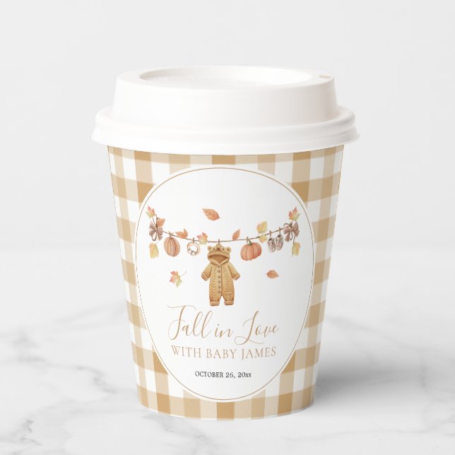 Fall in Love Rustic Baby Clothesline Baby Shower Paper Cups (Front)