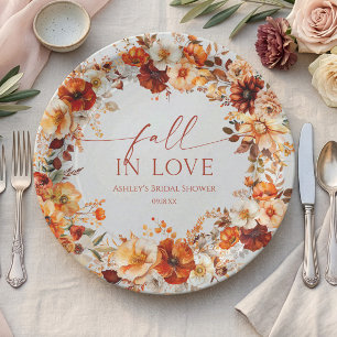 Fall In Love Rustic Burgundy Floral Bridal Shower Paper Plate