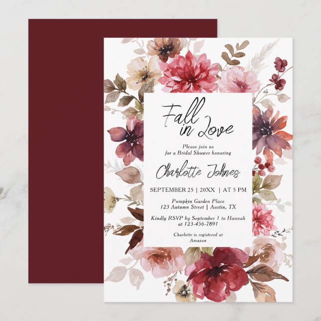 Fall in Love Rustic Burgundy Pink Bridal Shower Invitation (Front/Back)