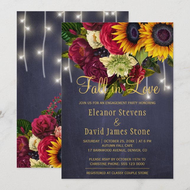 Fall in love rustic chic floral navy engagement invitation (Front/Back)