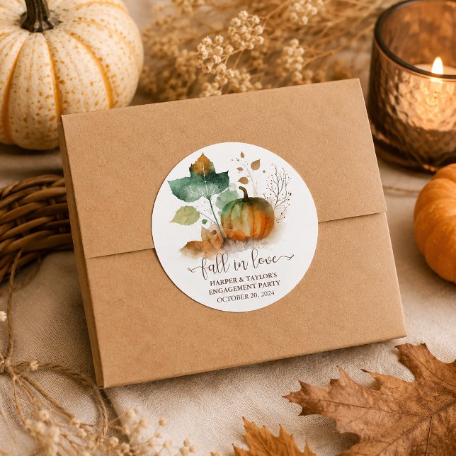 Fall In Love Rustic Elegant Pumpkin Classic Round Sticker (these stickers make even the simplest packaging feel thoughtfully styled and beautifully coordinated)
