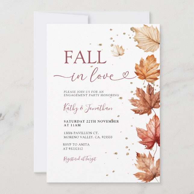 Fall in Love Rustic Fall Autumn Leave Engagement Invitation (Front)