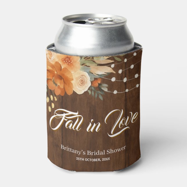 Fall in Love Rustic Fall Flowers Bridal Shower Can Cooler (Can Front)